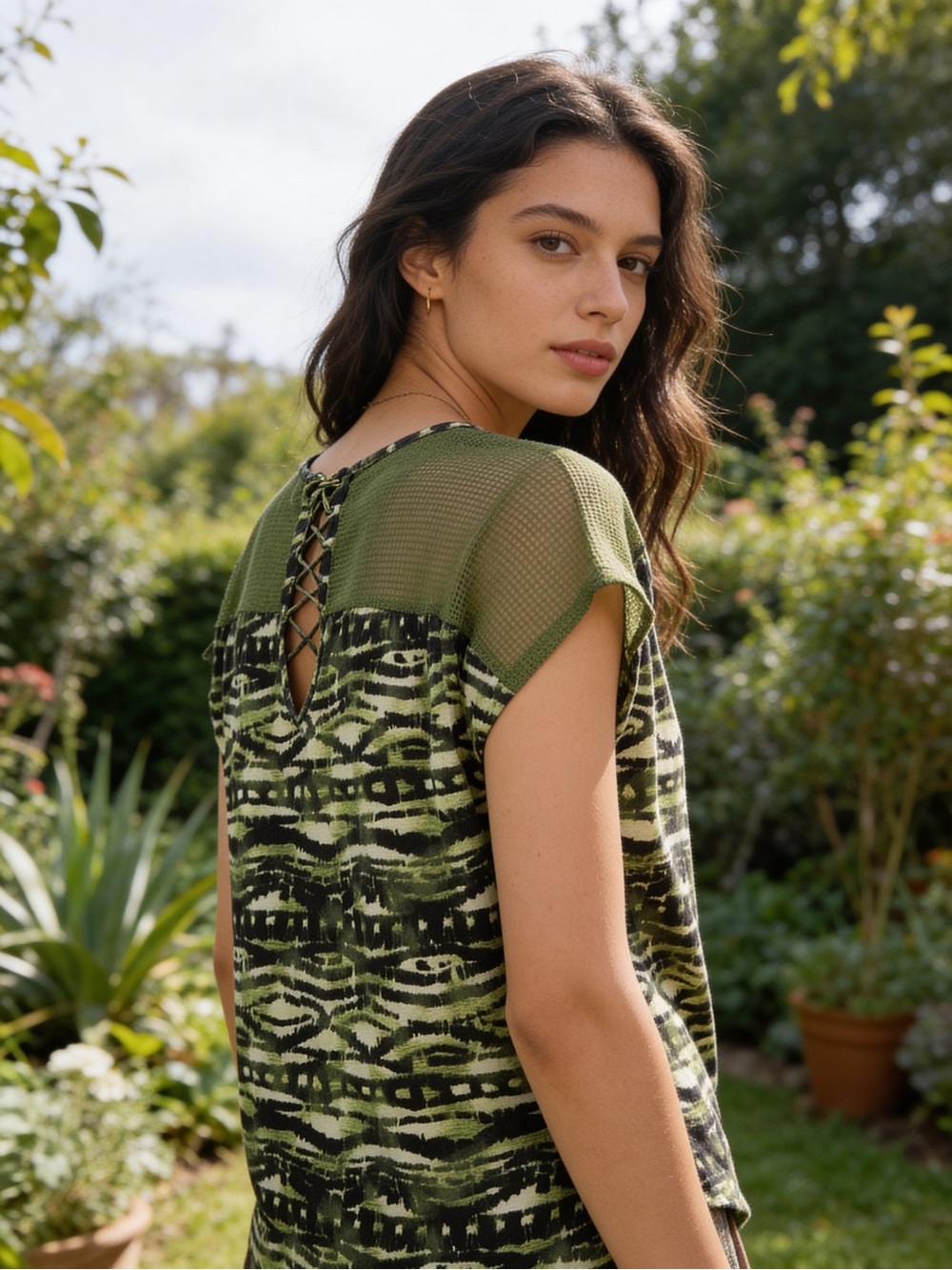 Y2K Olive Green Printed V-Neck Women’s Top, Resort, Travel, Euro-Summer